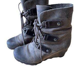 SOREL Joan of Arc Leather Brown Waterproof Lace Up Wedge Heel Boots $195 Size 9